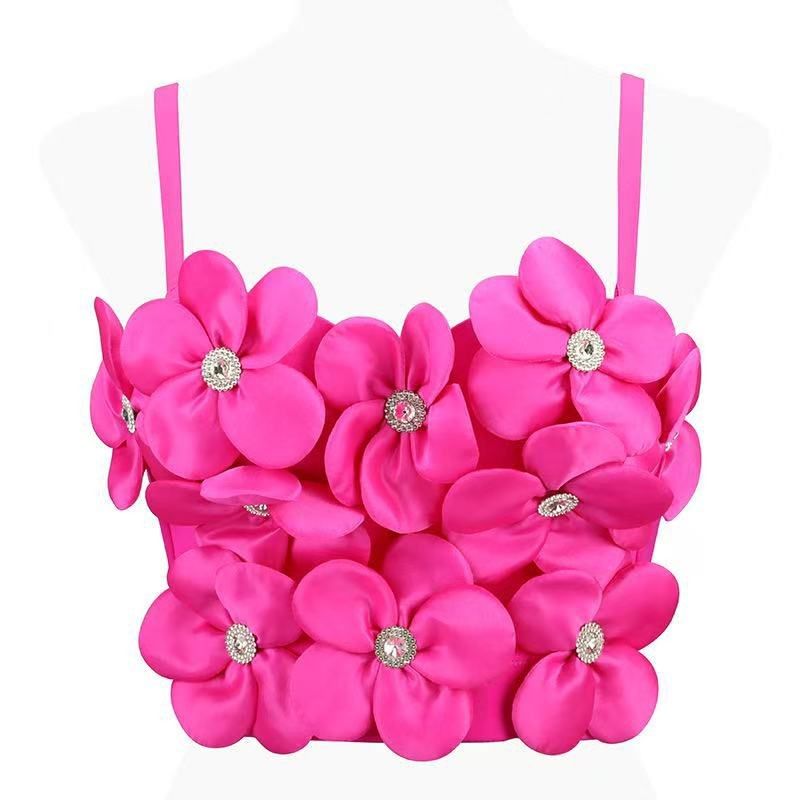 Women's Floral Patched Rhinestone Spaghetti Strap Slim Fit Crop Tank Top